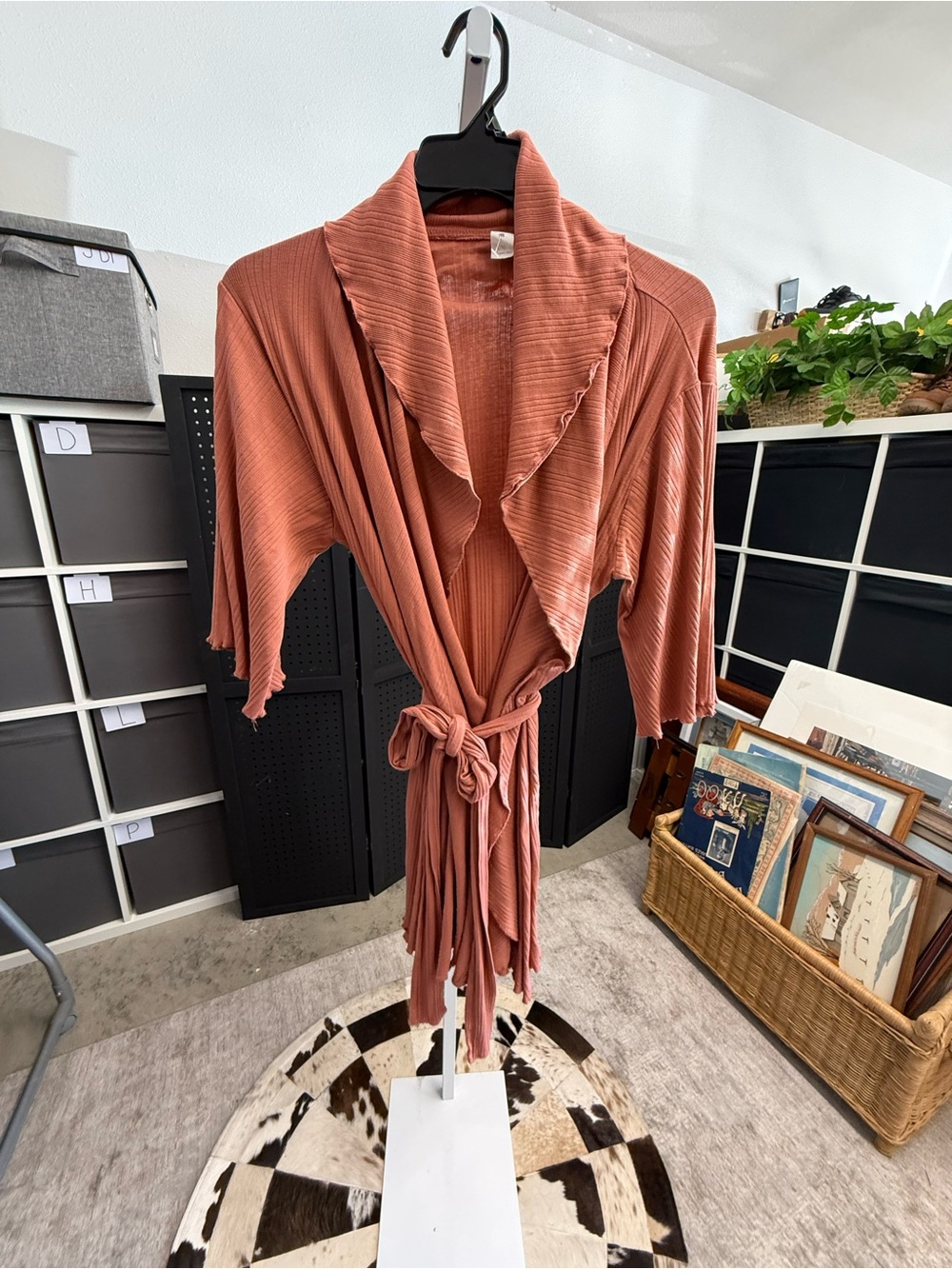 Kate Quinn Rust Coral Ribbed Lettuce Hem Belted Robe